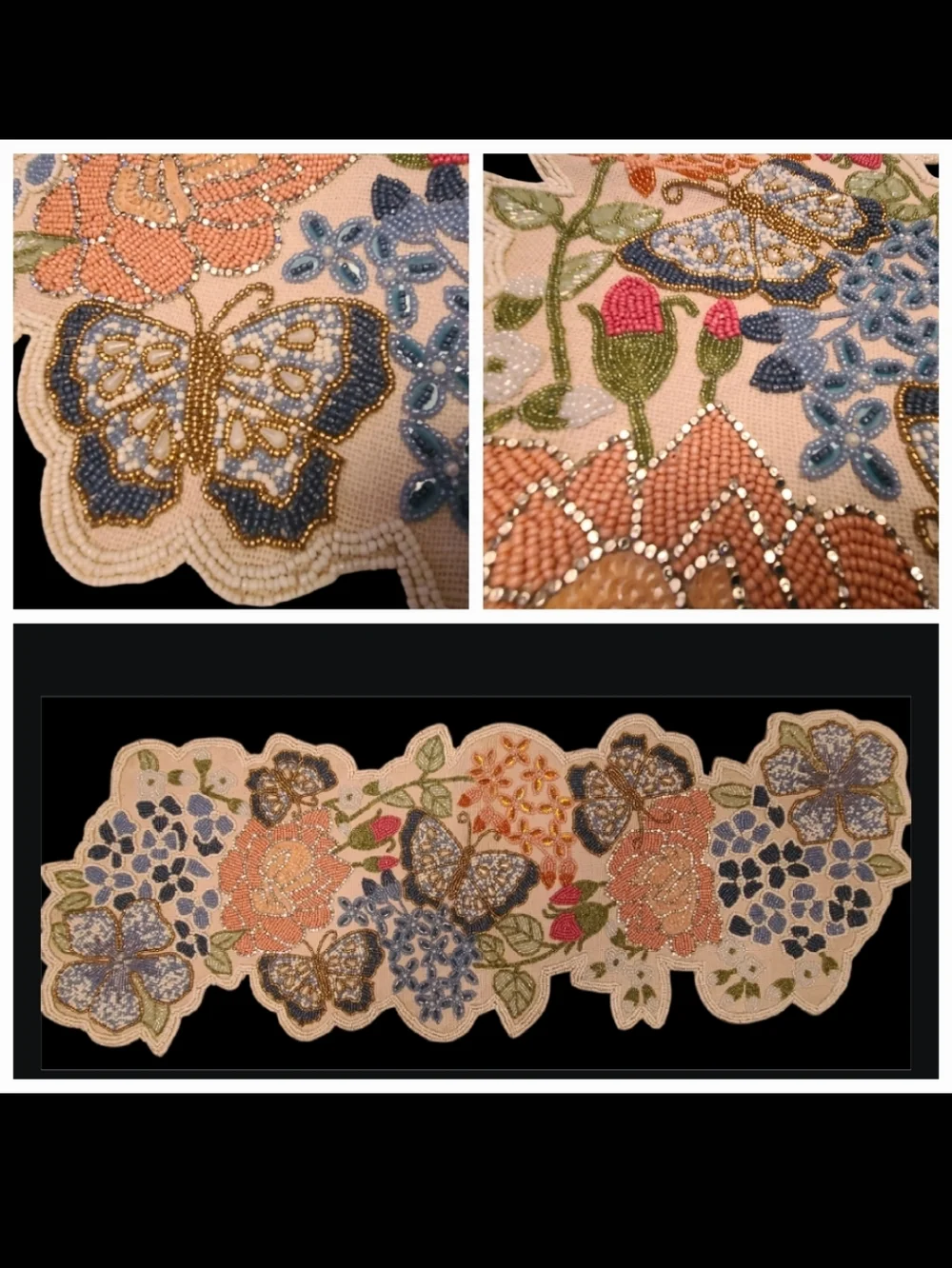 NEW Beautiful Glass Beaded Spring Summer Butterfly & Flowers Table Runner
